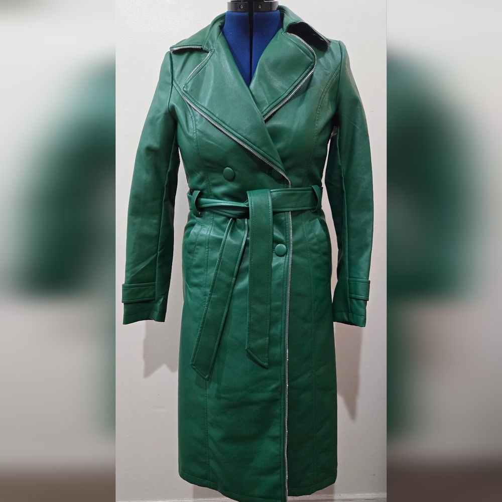 AZALEA WANG SANDO GREEN PLEATHER TRENCH COAT WITH ZIPPER TRIM